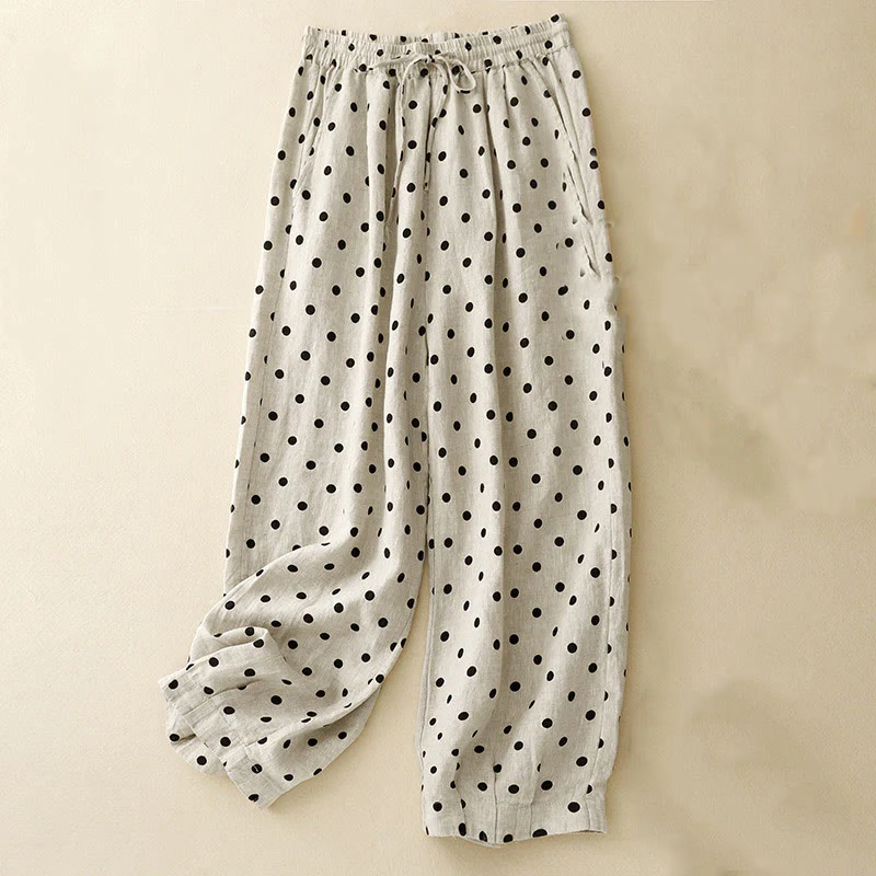Mocoer Casual Black Polka Dots Drawstring Cotton Linen Women's Pants With Pockets - Mocoer