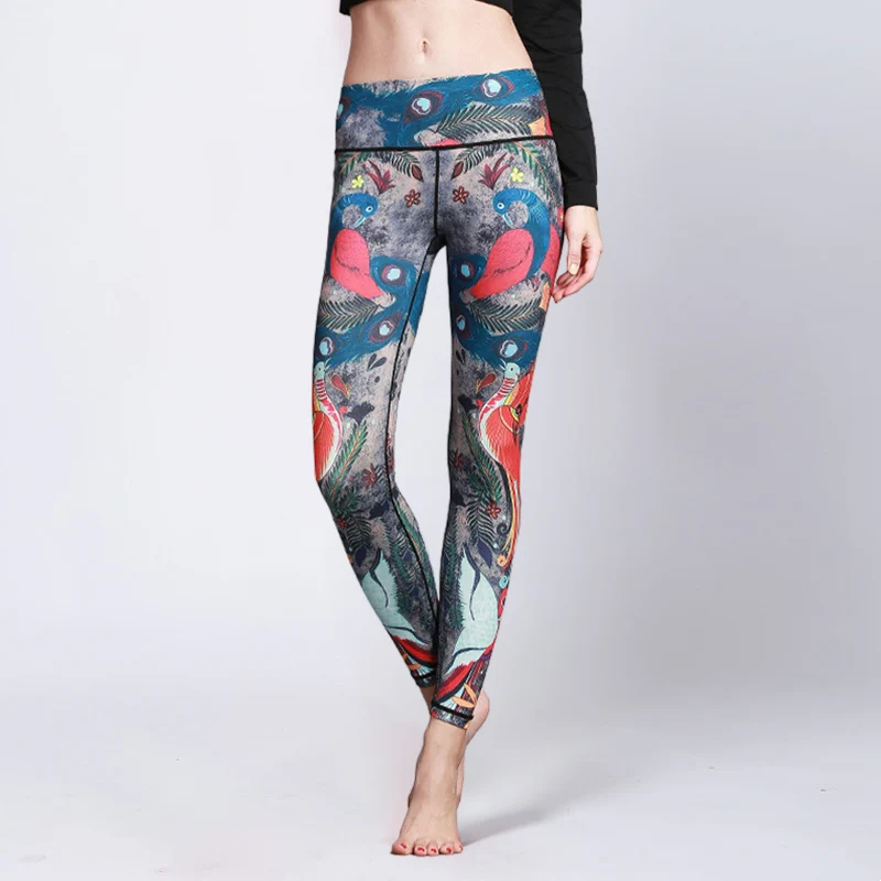 Mocoer Red Blue Peacock Feather Print Pants Sports Fitness Yoga Leggings Women's Yoga Pants - Mocoer