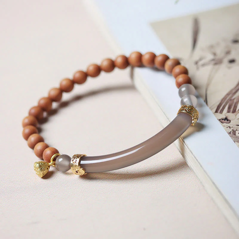 Mocoer Sandalwood Gray Agate Chalcedony Cuff Half Bracelet Bangle - Mocoer
