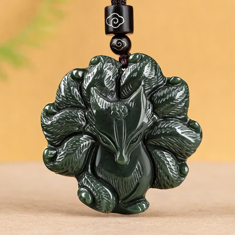 Mocoer Hetian Cyan Jade Nine Tailed Fox Luck Necklace String Pendant - Mocoer