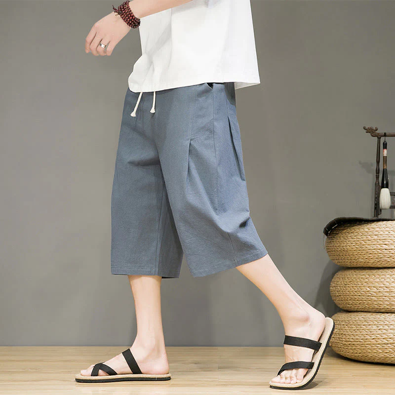 Mocoer Casual Summer Drawstring Solid Color Cropped Cotton Linen Men's Harem Pants With Pockets - Mocoer