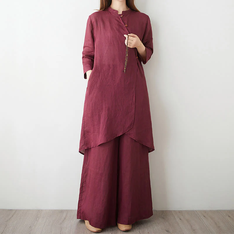 Mocoer 2Pcs Three Quarter Sleeve Shirt Top Pants Meditation Zen Tai Chi Cotton Linen Clothing Women's Set - Mocoer