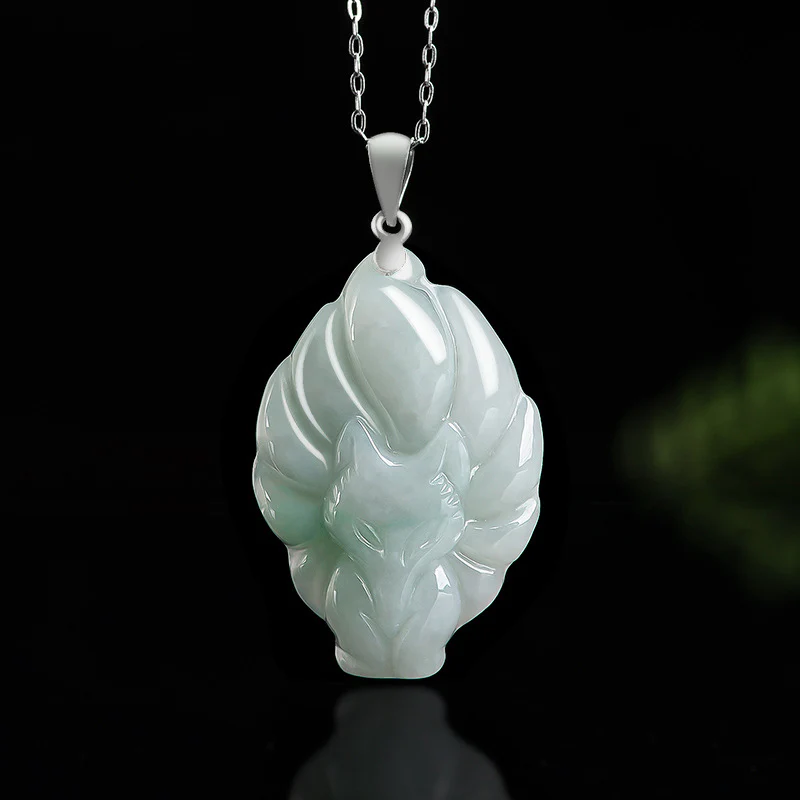 Mocoer 925 Sterling Silver Natural Jade Nine Tailed Fox Prosperity Necklace Pendant - Mocoer