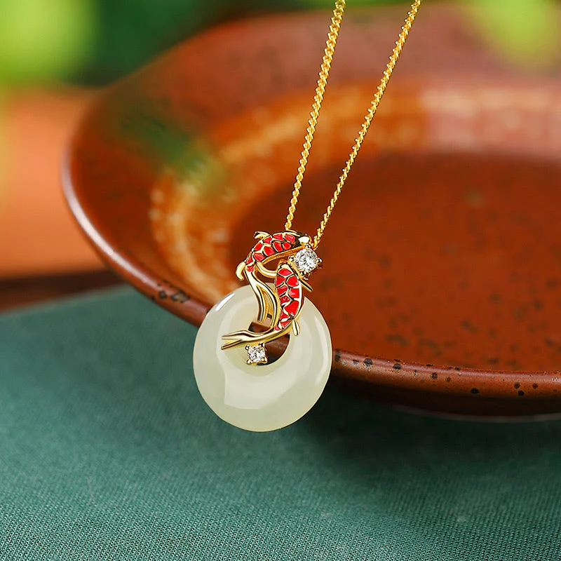 Mocoer 925 Sterling Silver Hetian Jade Peace Buckle Koi Fish Luck Necklace Pendant - Mocoer