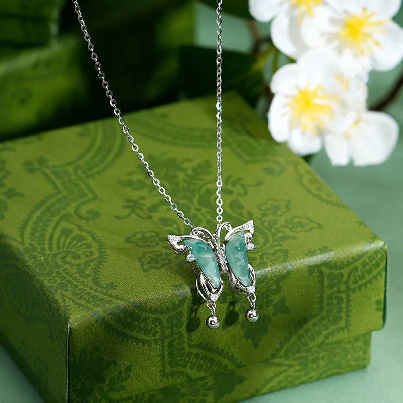 Mocoer 925 Sterling Silver Green Jade Butterfly Luck Necklace Pendant - Mocoer