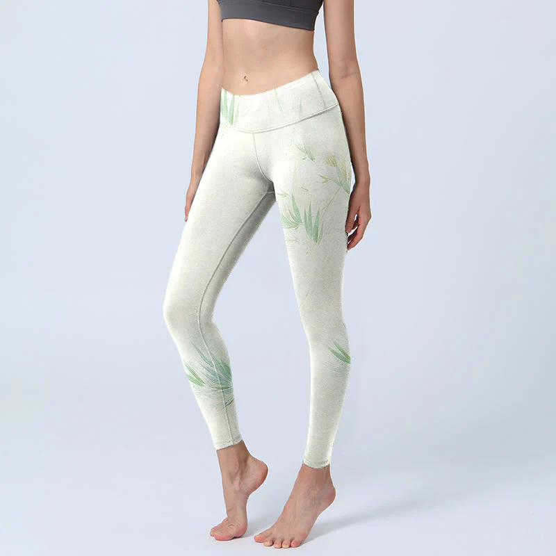 Mocoer Green Bamboo Leaves Print Sports Leggings Women's Yoga Pants - Mocoer