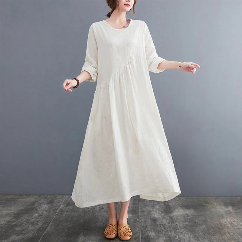 Mocoer Smiple Jacquard Pattern Long Sleeve Cotton Linen Women's Midi Dress With Pockets - Mocoer