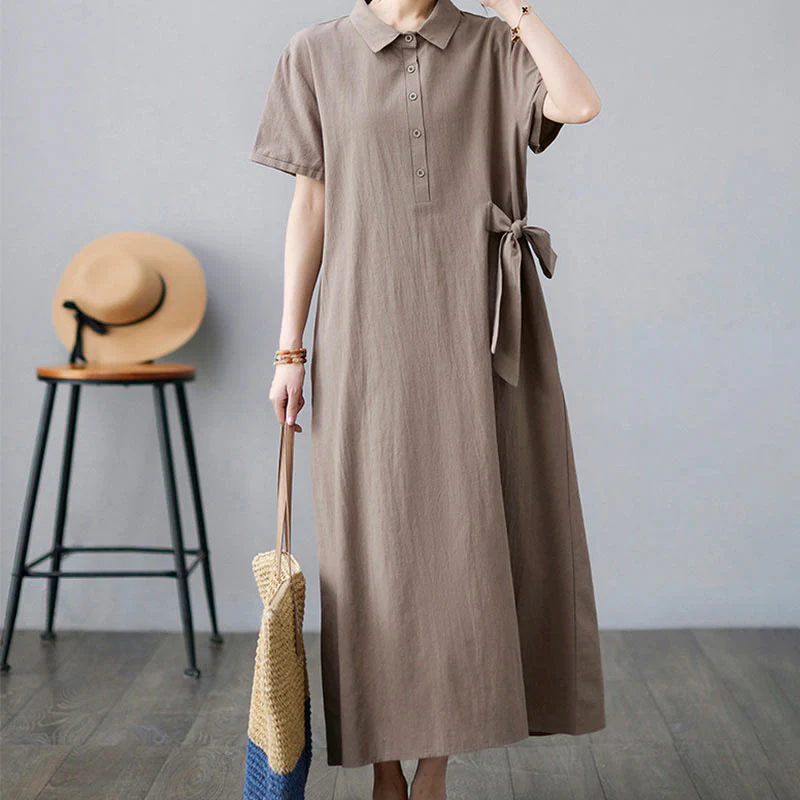 Mocoer Casual Plain Side Lace-Up Lapel Short Sleeve Cotton Linen Maxi Dress With Pockets - Mocoer