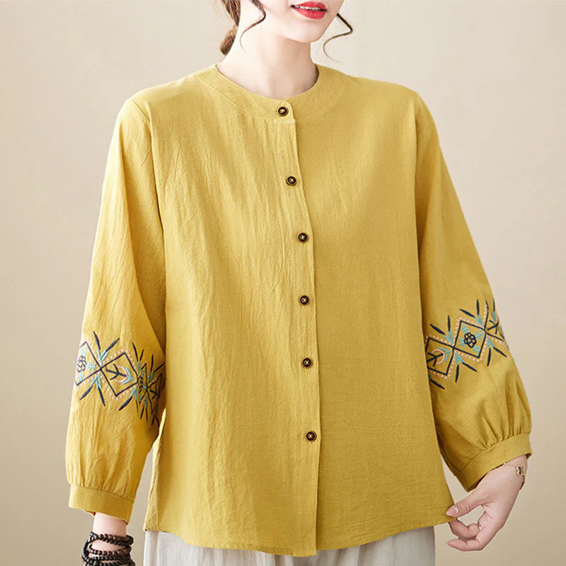 Mocoer Geometry Embroidery Long Sleeve Button Cotton Linen Women's Shirts - Mocoer