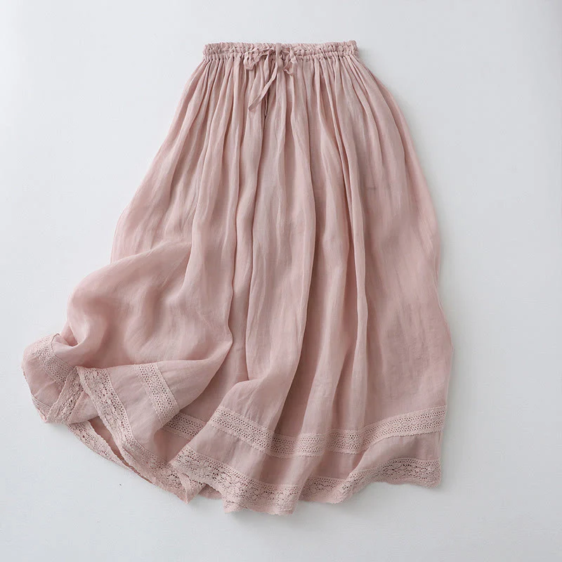 Mocoer Solid Lace Elastic Waist Ramie Linen Women's Skirt - Mocoer
