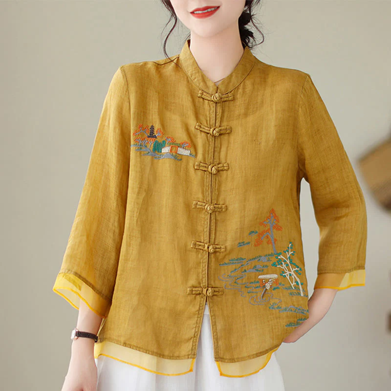 Mocoer Embroidery Frog-button Design Three Quarter Sleeve Women's Shirt - Mocoer