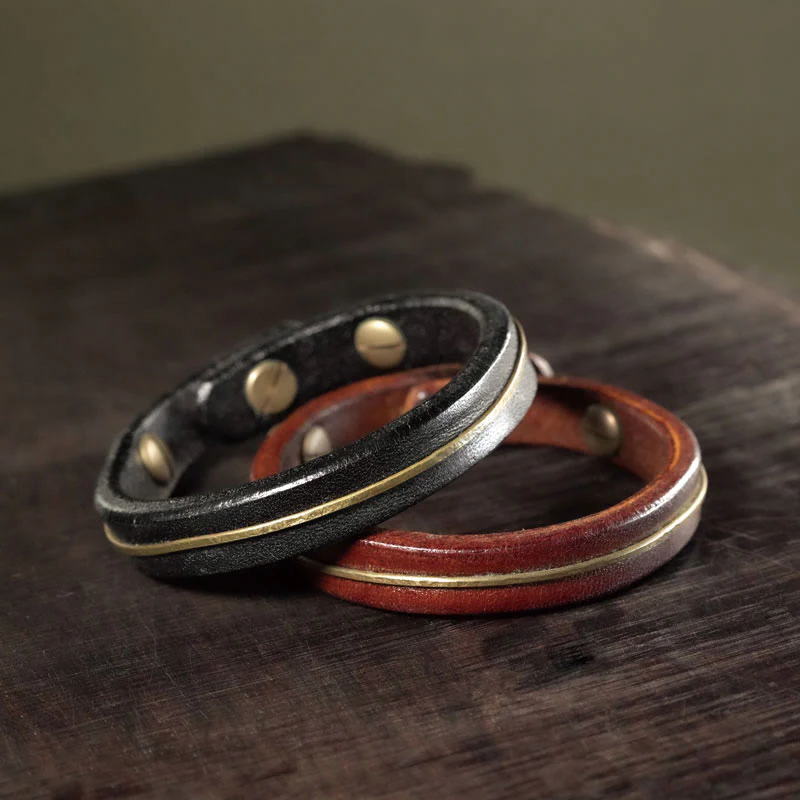 Mocoer Vintage Leather Copper Brass Wire Healing Bangle Bracelet - Mocoer