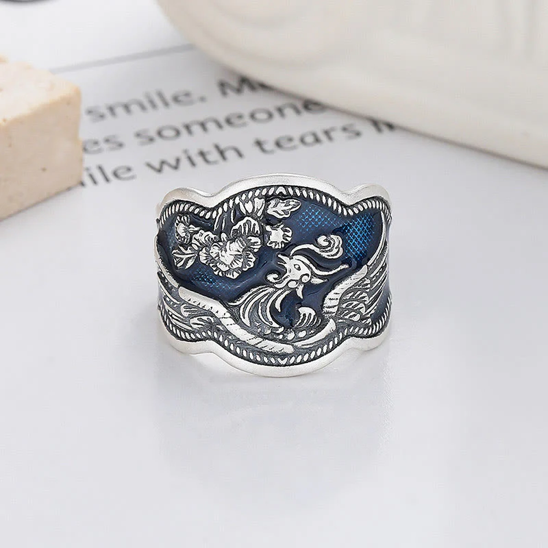 Mocoer 925 Sterling Silver Phoenix Peony Flowers Carved Luck Adjustable Ring - Mocoer
