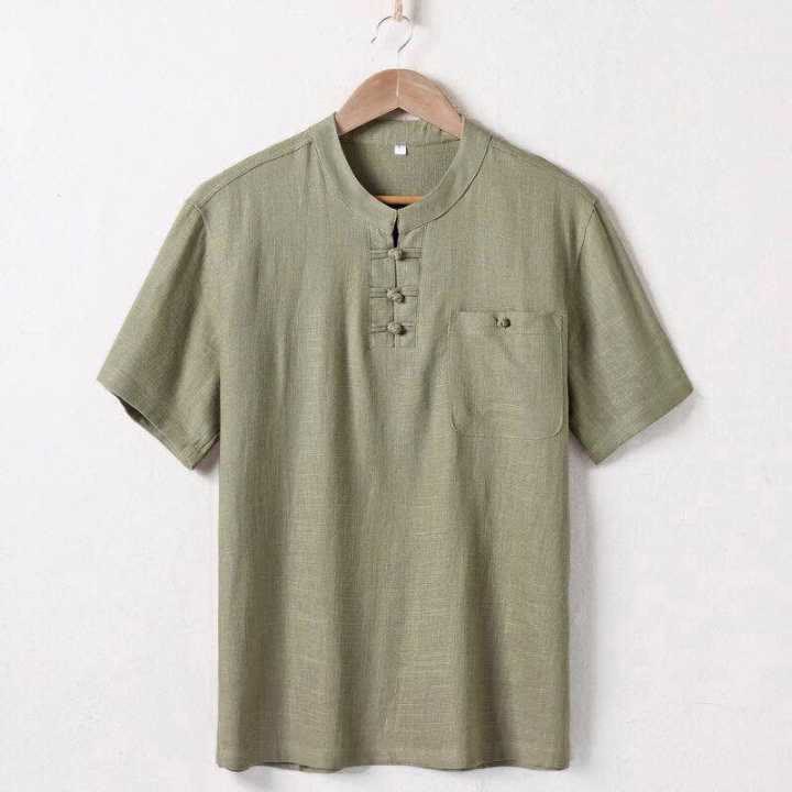 Mocoer Loose Men's Shirt Solid Color Notched Neck Top Short Sleeve Comfy Button Breathable Cotton Linen Shirt - Mocoer