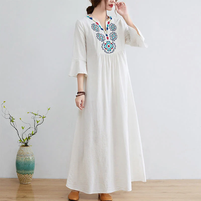 Mocoer Casual Embroidered Flower Pattern V-neck Three Quarter Sleeve Design Cotton Linen Midi Dress - Mocoer