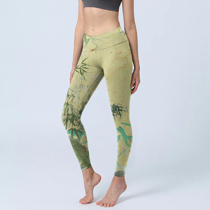 Mocoer Bamboo Print Lycra Fabric Fitness Leggings Women's Yoga Pants - Mocoer