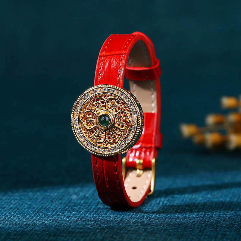 Mocoer Six True Words Eight Treasures Compass Jade 24K Gold Plated Luck Leather Bracelet - Mocoer