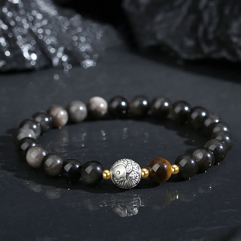 Mocoer Black Obsidian 999 Sterling Silver Tiger Eye 925 Sterling Silver Koi Fish Purification Bracelet - Mocoer
