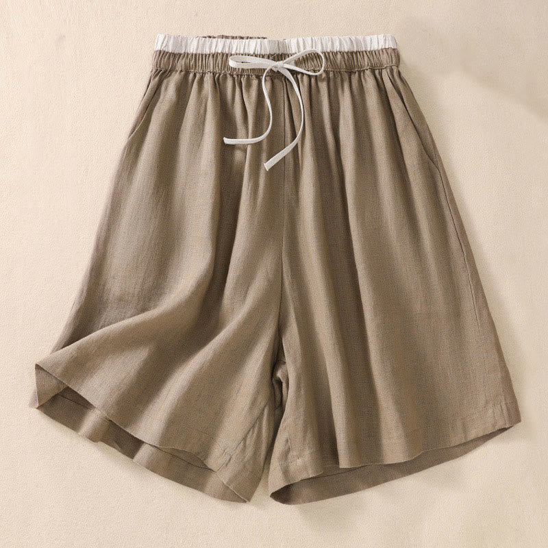 Mocoer Solid Color Contrast Color Waist Lace-up Cotton Linen Women's Shorts With Pockets - Mocoer