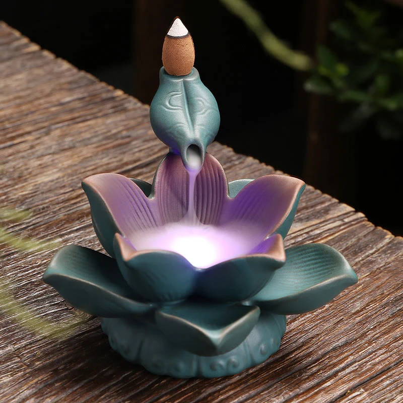 Mocoer Lotus Flower Leaf Frog Butterfly Pattern Healing Ceramic Incense Burner Decoration - Mocoer
