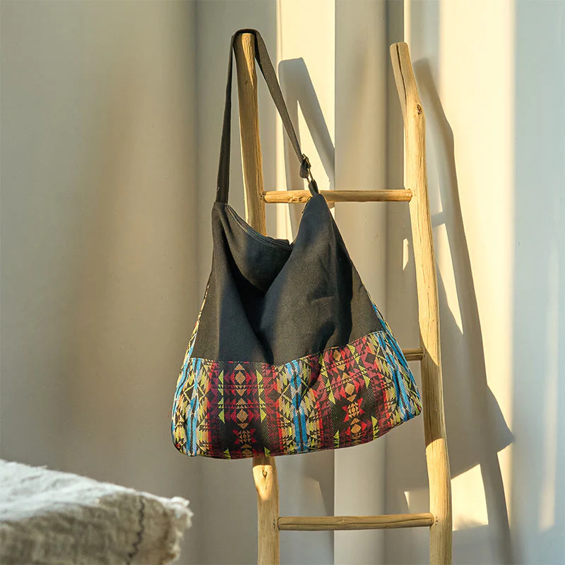 Mocoer Black Red Blue Stripes Pattern Cotton Crossbody Bag Shoulder Bag - Mocoer