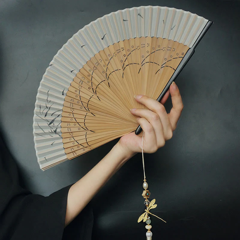 Mocoer Dragonfly Hollow Polyester Handheld Bamboo Folding Fan - Mocoer