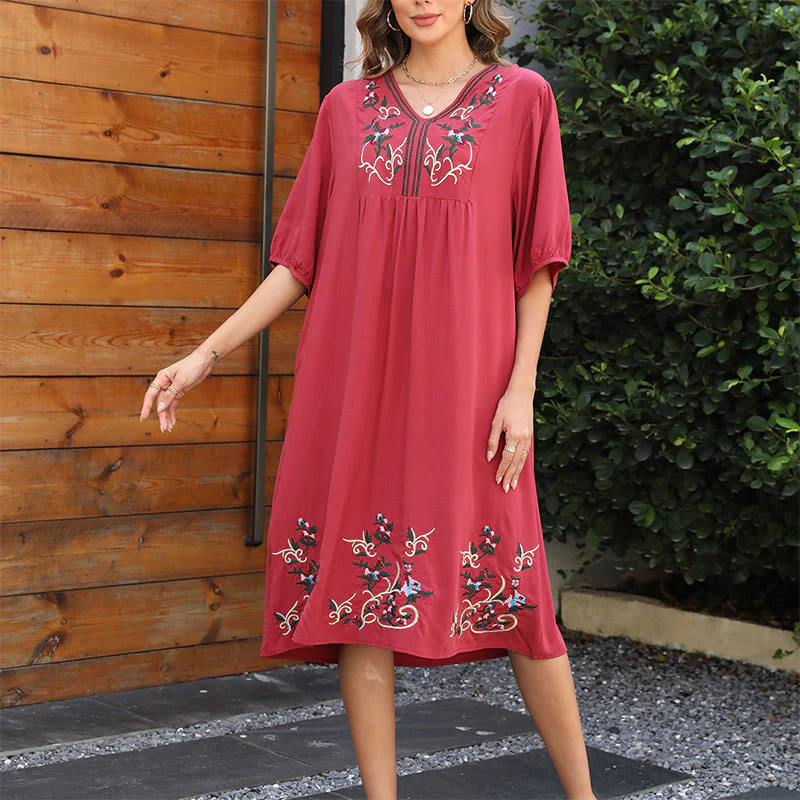 Mocoer Indianred Retro Ethnic Embroidery Long Lantern Sleeve Cotton Midi Dress - Mocoer