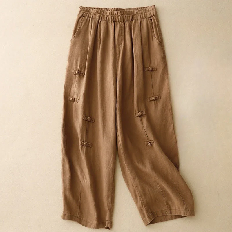 Mocoer Casual Plain Frog-Button Design 7-8 Length Cotton Linen Women's Harem Pants With Pockets - Mocoer