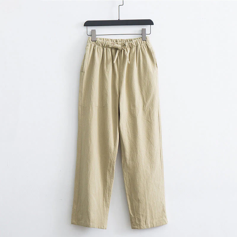 Mocoer Men's Solid Color Cotton Linen Casual Drawstring Pants With Pockets - Mocoer