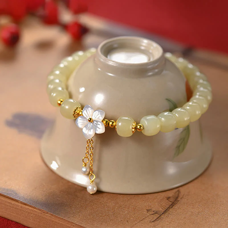 Mocoer 925 Sterling Silver Natural Hetian Jade Luck Flower Bracelet - Mocoer