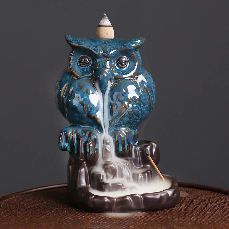 Mocoer Cute Owl Ceramic Backflow Smoke Fountain Meditation Healing Incense Burner Decoration - Mocoer