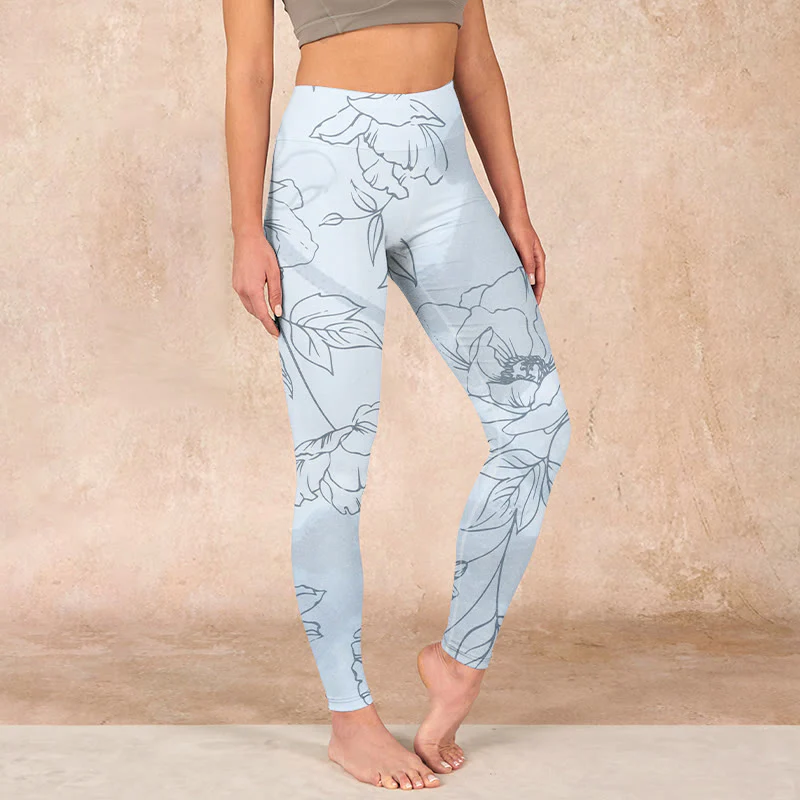 Mocoer Peony Flower Leaves Print Gym Leggings Women's Yoga Pants - Mocoer