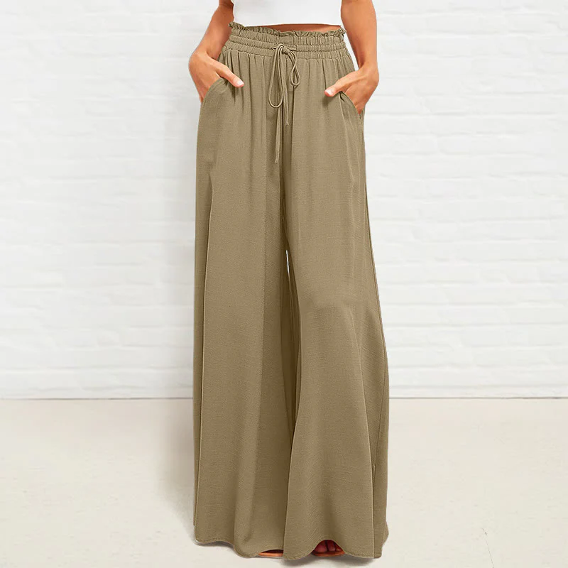 Mocoer Casual High Elastic Waist Plain Loose Women's Polyester Wide Leg Pants With Pockets - Mocoer