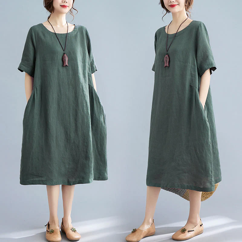 Mocoer Casual Loose Solid Color Cotton Linen Crew Neck Half Sleeve Design Midi Dress With Pockets - Mocoer