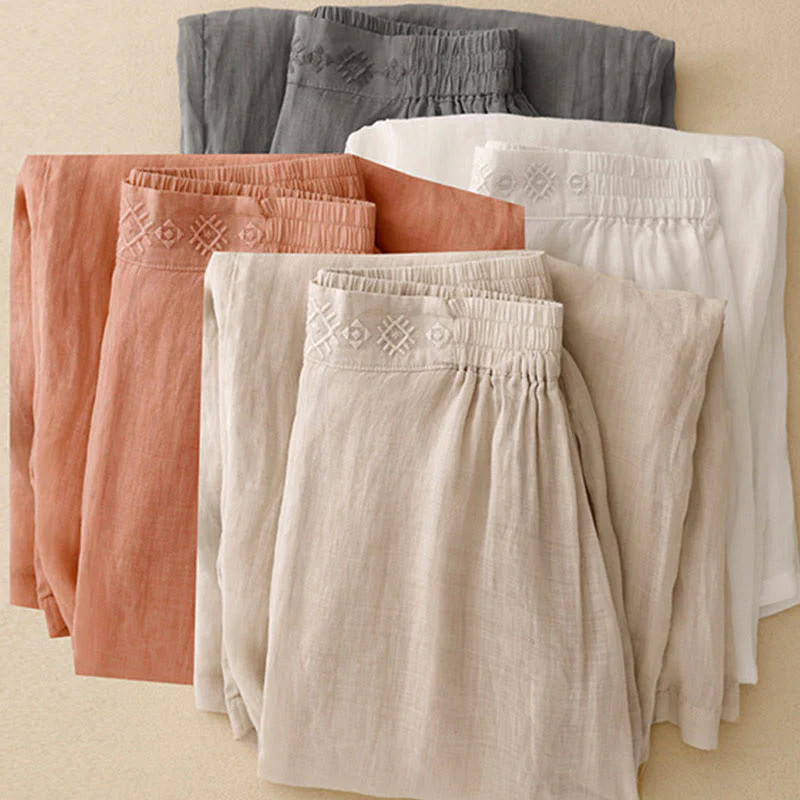 Mocoer Geometric Embroidery Elastic Waist Women's Cotton Linen Wide Leg Pants With Pockets - Mocoer
