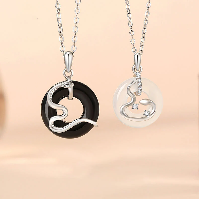 Mocoer 925 Sterling Silver Black Onyx Chalcedony Peace Buckle Year Of The Snake Luck Necklace Pendant - Mocoer