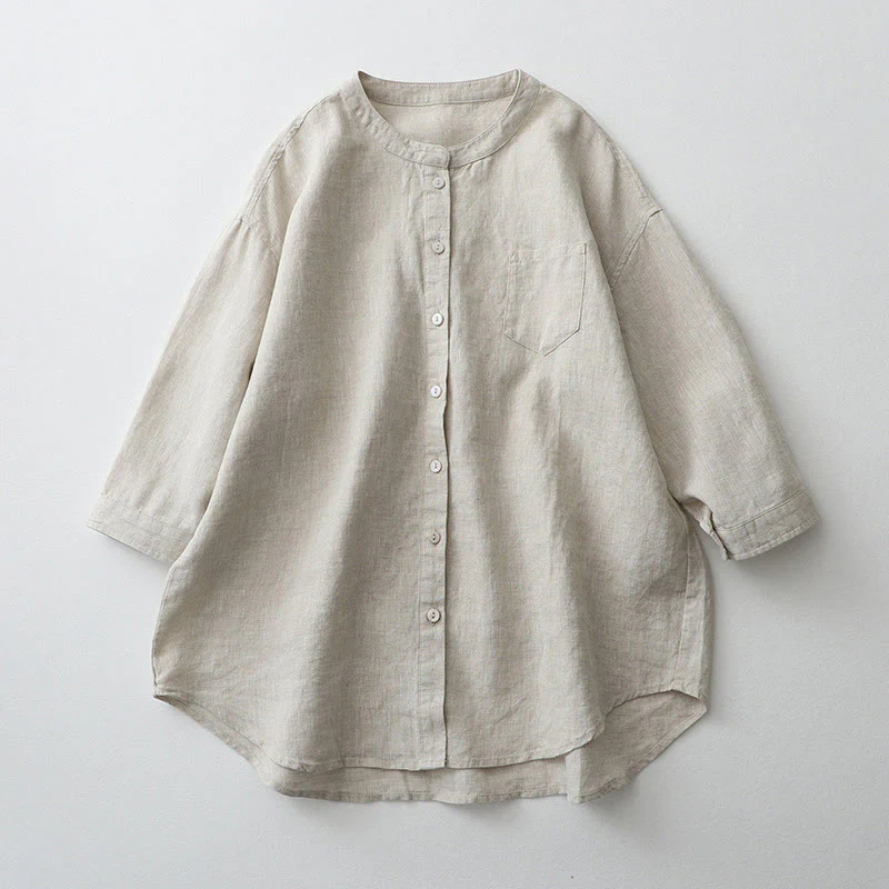 Mocoer Solid Color Button Three Quarter Sleeve Cotton Linen Shirt - Mocoer