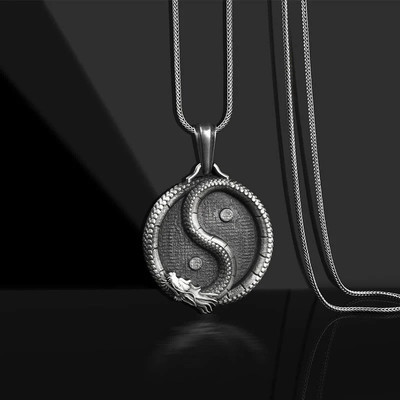 Mocoer Pure Tin Yin Yang Dragon Luck Strength Necklace Pendant - Mocoer