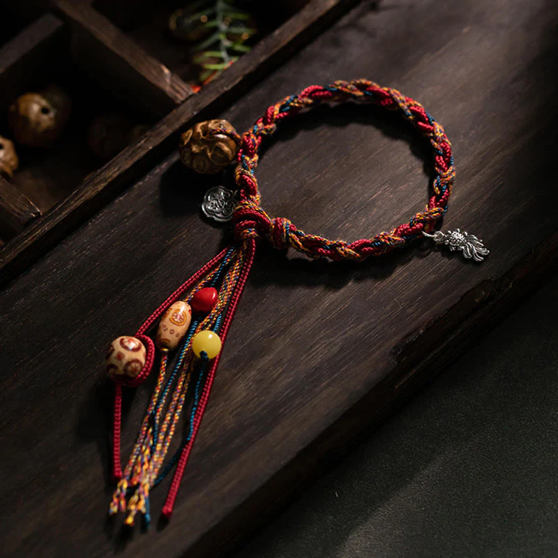Mocoer Tibetan Handmade Colorful Thread 925 Sterling Silver Koi Fish Protection Strength String Bracelet - Mocoer