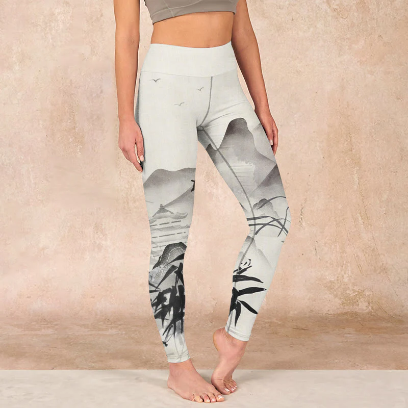 Mocoer Ink Bamboo Mountains Print Gym Leggings Women's Yoga Pants - Mocoer