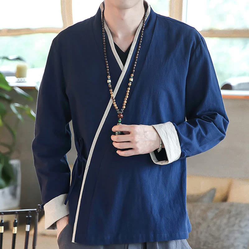 Mocoer Fall Colorblock Long Sleeve Shirt Linen Lace-up Men Clothing - Mocoer