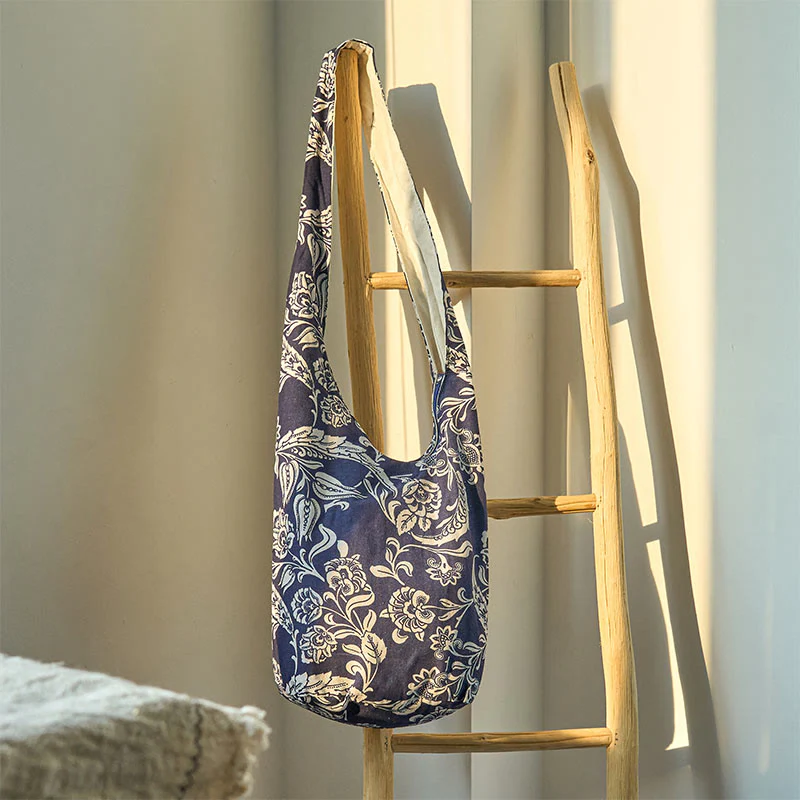 Mocoer Navy Blue White Flower Pattern Cotton Crossbody Bag Shoulder Bag - Mocoer