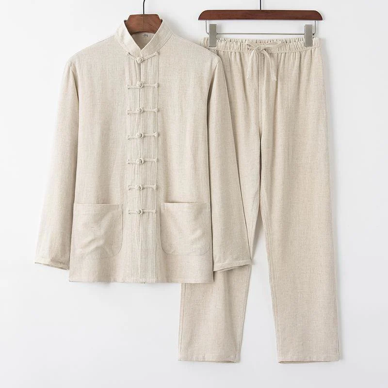 Mocoer 2Pcs Tang Suit Frog-Button Long Sleeve Shirt Pants Linen Cotton Men's Set - Mocoer