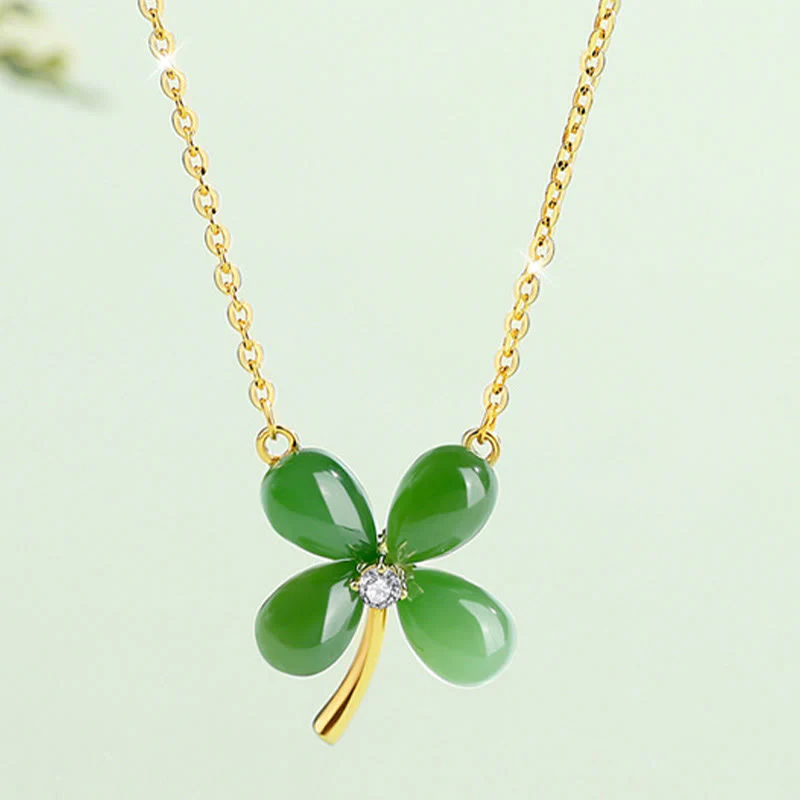 Mocoer Jade 925 Sterling Silver Four Leaf Clover Luck Necklace Pendant - Mocoer