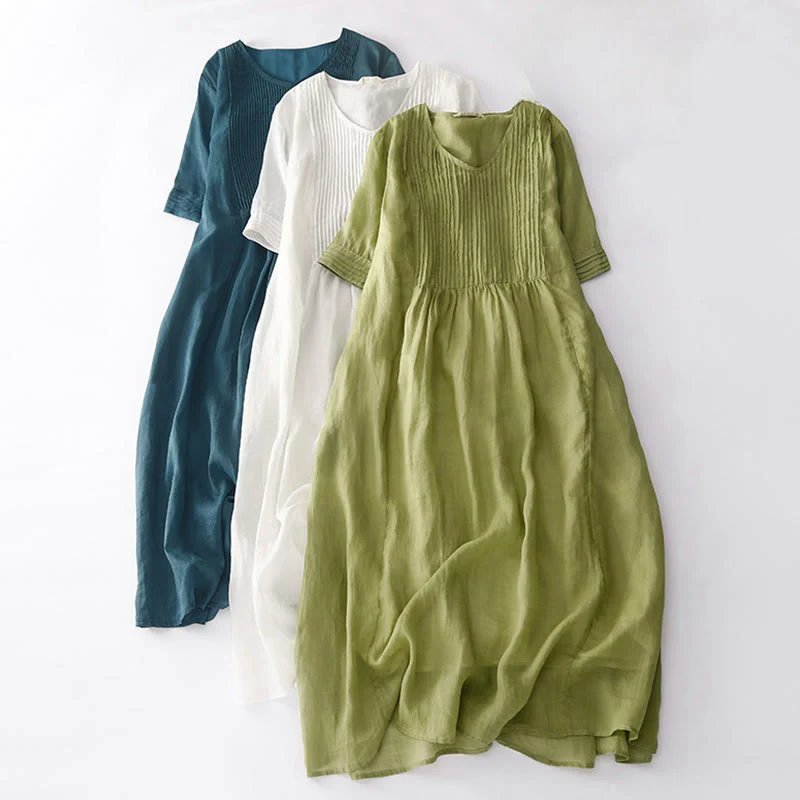 Mocoer Casual Accordion Pleat Plain V-neck Short Sleeve Linen Midi Dress With Pockets - Mocoer
