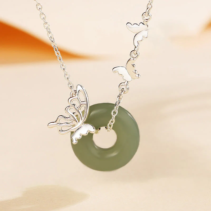 Mocoer 925 Sterling Silver Natural Hetian Jade Peace Buckle Butterfly Luck Prosperity Bracelet Necklace Pendant - Mocoer