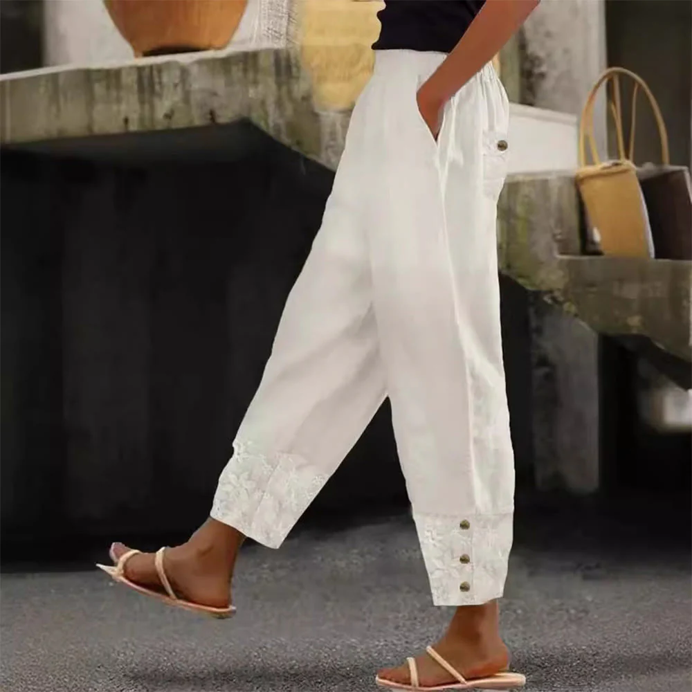 Mocoer White Lace Patchwork Design Women's Cotton Linen Pants With Pockets - Mocoer