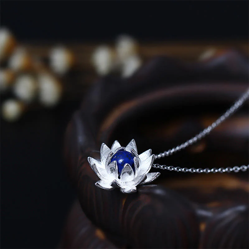 Mocoer 925 Sterling Silver Lazurite Lotus Flower Self Care Necklace Pendant - Mocoer