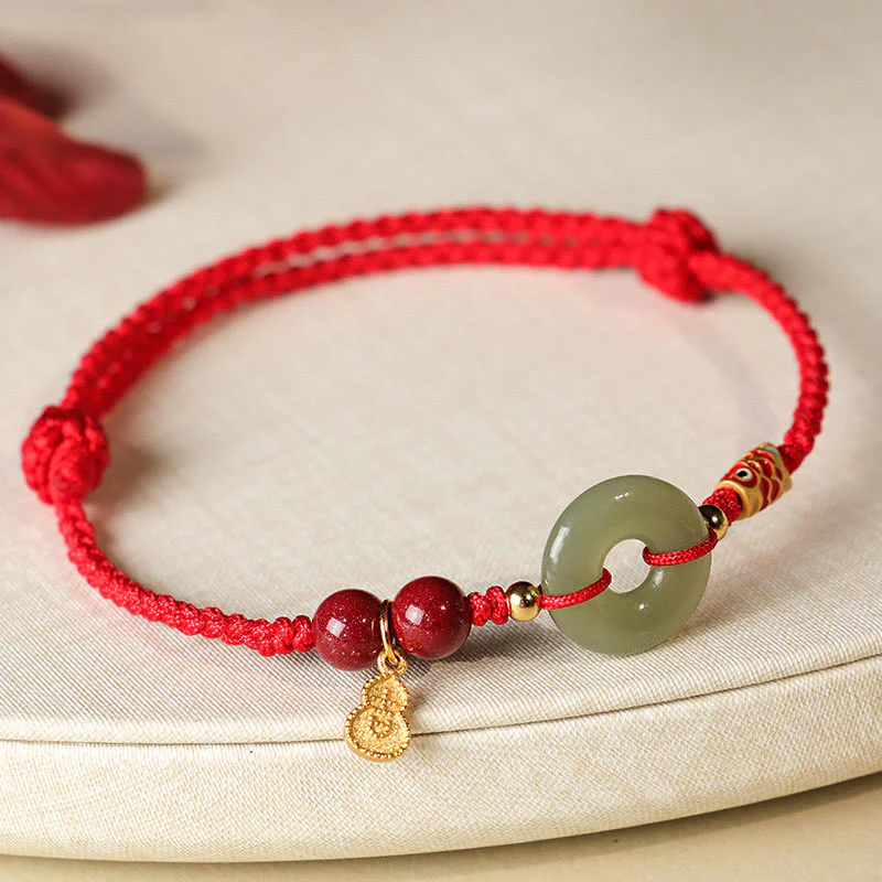 Mocoer Red String Black String Hetian Jade Peace Buckle Cinnabar 925 Silver Protection Bracelet - Mocoer