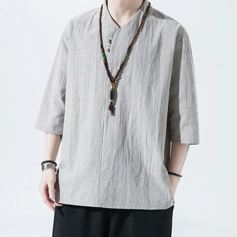 Mocoer Casual Solid Color Two Buttons V-neck Three Quarter Sleeve Cotton Linen Men's Shirt - Mocoer